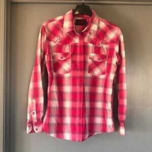 Cowgirl Hardware Pink Plaid Embroidered Western Shirt Top Sz L Pearl Snaps